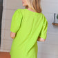 Neon Green Round Neck Puff Sleeve Crepe Top