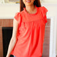 Red-Orange Mock Neck Flutter Sleeve Top