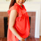 Red-Orange Mock Neck Flutter Sleeve Top