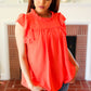 Red-Orange Mock Neck Flutter Sleeve Top