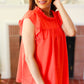 Red-Orange Mock Neck Flutter Sleeve Top