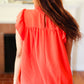 Red-Orange Mock Neck Flutter Sleeve Top
