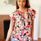 Peach Tropical Floral Tie Neck Raglan Top