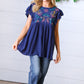 Navy Floral Embroidered Flutter Sleeve Top