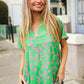 Follow Me Green Animal Print V Neck Short Sleeve Blouse