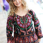 Take The Leap Black & Mauve Border Print Boho Tie Top