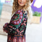 Take The Leap Black & Mauve Border Print Boho Tie Top