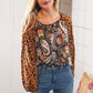 Boho Paisley Leopard Print Front Tie Woven Blouse