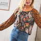 Boho Paisley Leopard Print Front Tie Woven Blouse