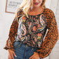 Boho Paisley Leopard Print Front Tie Woven Blouse