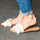 Ivory Linen Fray Beaded Faux Pearl Slide Sandal