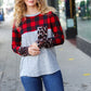All Of Me Grey & Red Plaid Animal Print Pocketed Top