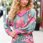Beautiful You Vintage Teal Floral Print V Neck Hacci Knit Sweater
