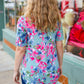 Sunny Days Light Teal Floral Criss Cross V Neck Babydoll Top