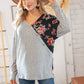 Grey & Black Floral Surplice Button Knit Top