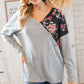 Grey & Black Floral Surplice Button Knit Top