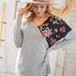 Grey & Black Floral Surplice Button Knit Top