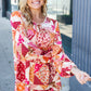 Rust & Magenta Patchwork Print Front Tie Boho Top