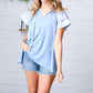 Blue Floral & Stripe V Neck Tie Double Flutter Sleeve Top