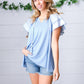 Blue Floral & Stripe V Neck Tie Double Flutter Sleeve Top