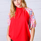 Cardinal Red Frilled Mock Neck Floral Puff Sleeve Top