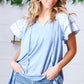 Blue Floral & Stripe V Neck Tie Double Flutter Sleeve Top