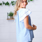 Blue Floral & Stripe V Neck Tie Double Flutter Sleeve Top