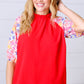Cardinal Red Frilled Mock Neck Floral Puff Sleeve Top