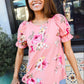 Pretty in Pink Floral Print Short Elastic Ruffle Sleeve Top