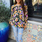 Boho Vibes Notch Tie Neck Floral Print Long Sleeve Blouse