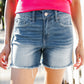 Dark Denim Mid rise raw frayed hem denim shorts