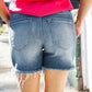 Dark Denim Mid rise raw frayed hem denim shorts