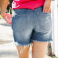Dark Denim Mid rise raw frayed hem denim shorts