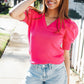 Be Bold Solid Fuchsia Shirred Puff Sleeve Sweater Top