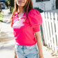 Be Bold Solid Fuchsia Shirred Puff Sleeve Sweater Top