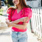 Be Bold Solid Fuchsia Shirred Puff Sleeve Sweater Top