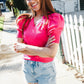 Be Bold Solid Fuchsia Shirred Puff Sleeve Sweater Top