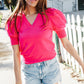 Be Bold Solid Fuchsia Shirred Puff Sleeve Sweater Top