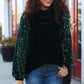 Under the Lights Green Velvet & Sequin Frill Mock Neck Top