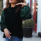 Under the Lights Green Velvet & Sequin Frill Mock Neck Top