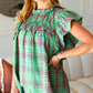 Live For Today Green Plaid Shirred Yoke Flutter Sleeve Top