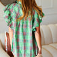 Live For Today Green Plaid Shirred Yoke Flutter Sleeve Top