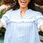 Lost In Love Cotton Blue Gingham Shirred Mock Neck Top