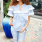 Lost In Love Cotton Blue Gingham Shirred Mock Neck Top