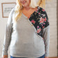 Grey & Black Floral Surplice Button Knit Top