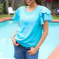 Lovely In Blue Tiered Double Ruffle Sleeve Woven Top