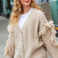 Weekend Ready Oatmeal V Neck Fringe Chunky Cable Cardigan