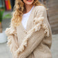 Weekend Ready Oatmeal V Neck Fringe Chunky Cable Cardigan