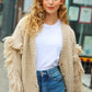 Weekend Ready Oatmeal V Neck Fringe Chunky Cable Cardigan