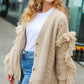 Weekend Ready Oatmeal V Neck Fringe Chunky Cable Cardigan